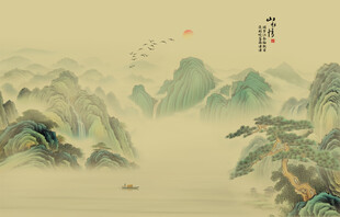 新中式禅意水墨山水画背景墙壁纸