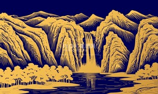 金色高山流水古风瀑布背景
