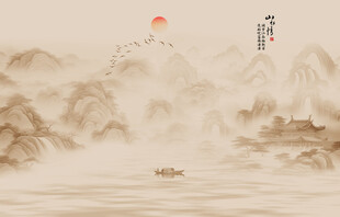 新中式水墨风景画背景墙墙画壁纸