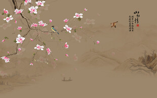 新中式复古工笔花鸟画背景墙