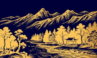 河流山脉凉亭山水画