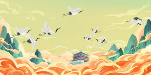 国风山水仙鹤