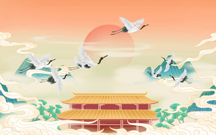 国风山水仙鹤