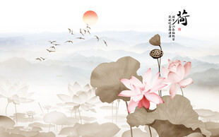 新中式手绘水墨荷花背景墙