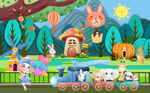 卡通儿动物们欢乐火车之旅背景墙