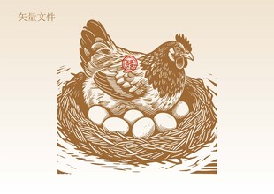 手绘母鸡插画版画