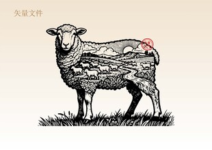手绘羊插画版画