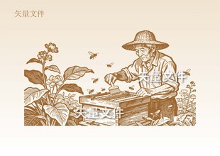 手绘蜂农素描 养蜂场插画