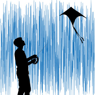 男孩在蓝天下快乐放风筝